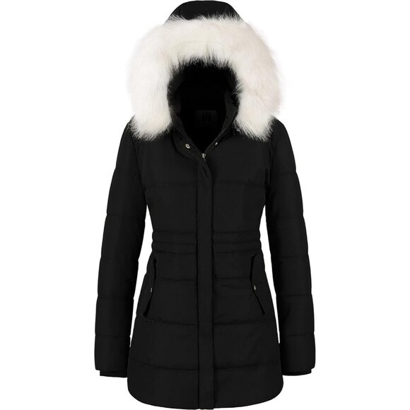 Women's Snow Puffer Jacket Coats Black Waterproof Removable Faux Fur Trim Hood